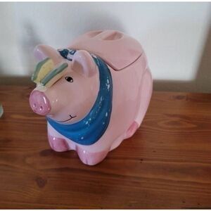 Coco Dowley Ceramic pig cookie jar pink country handkerchief butterfly cottage